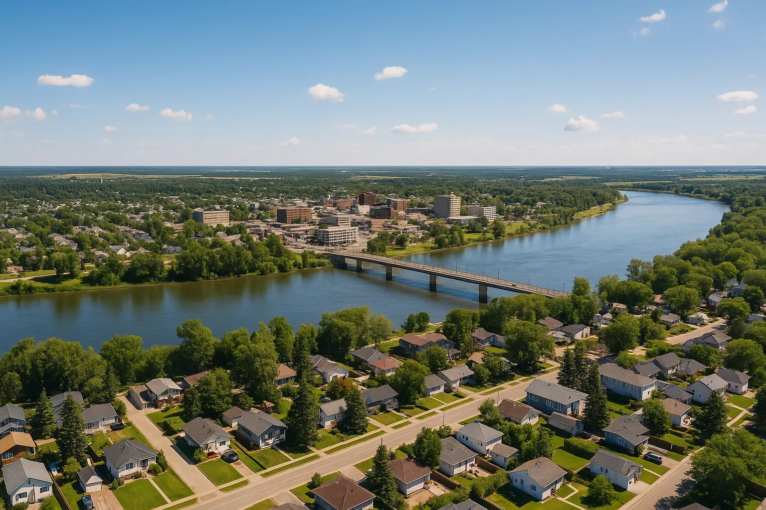 Scenic summer view of Prince Albert, Saskatchewan showing homes, river, and green spaces under blue skies.